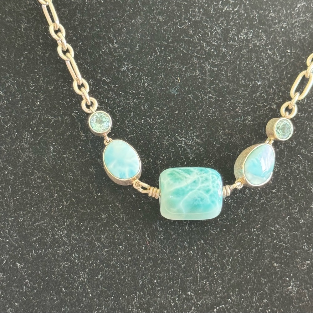 Artisan Larimar and blue topaz silver necklace.